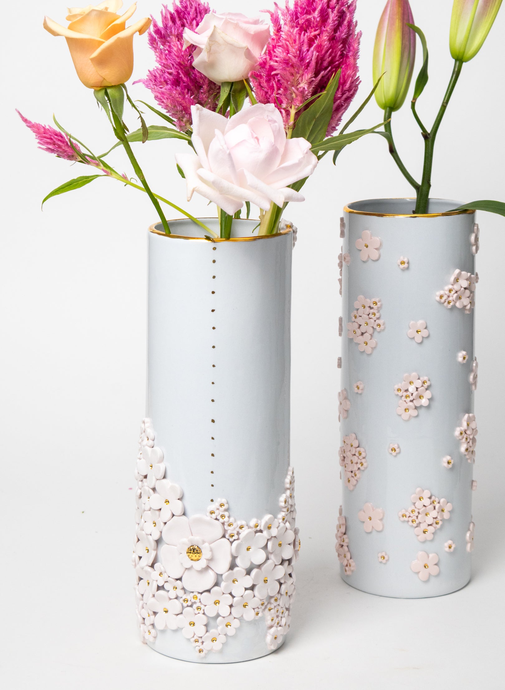 XXL Round Tall Blue Vase with White and Gold Flowers