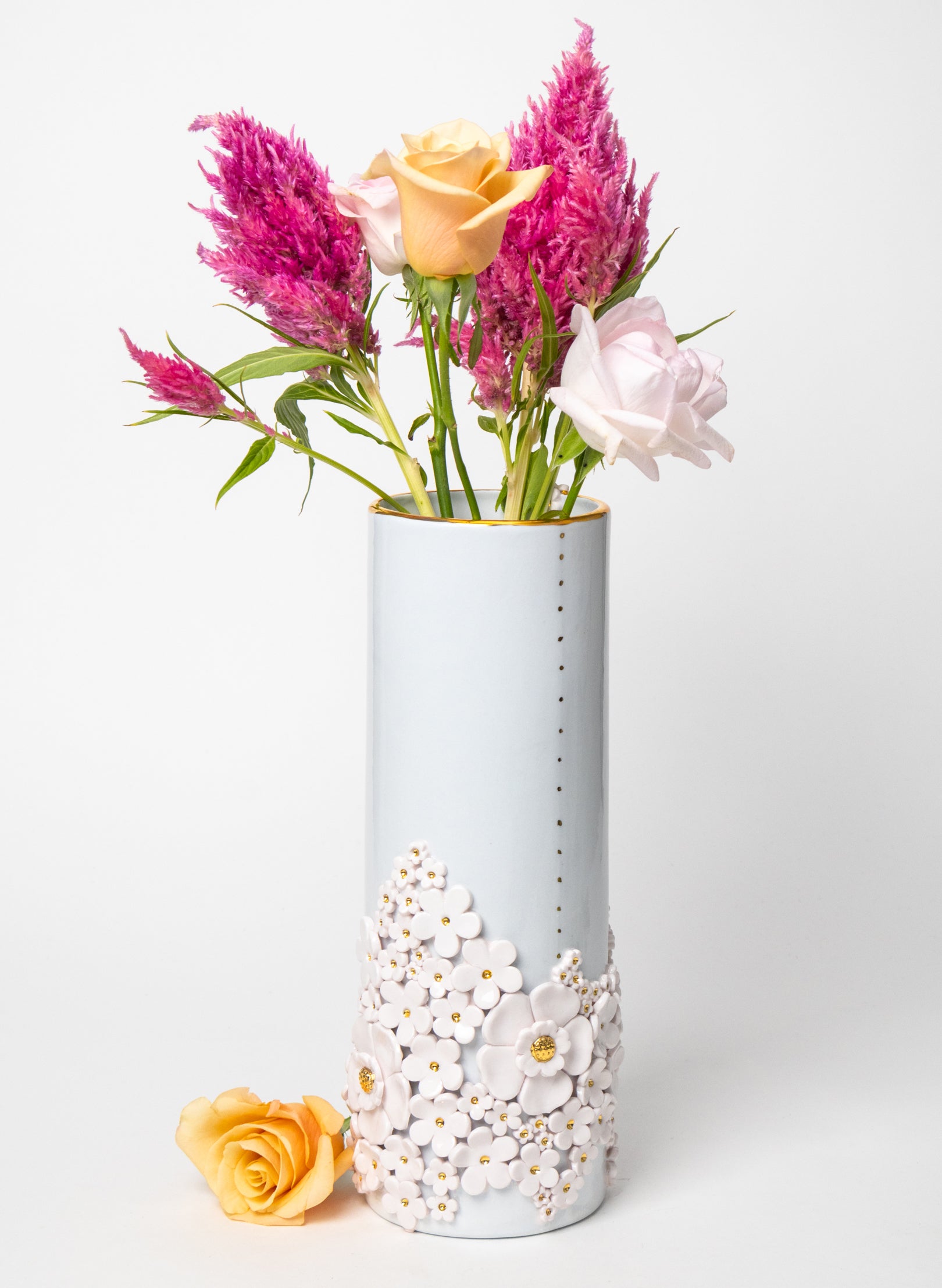 XXL Round Tall Blue Vase with White and Gold Flowers