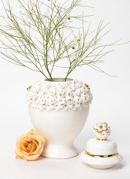 Medium Flower Vase with White and Gold Flowers