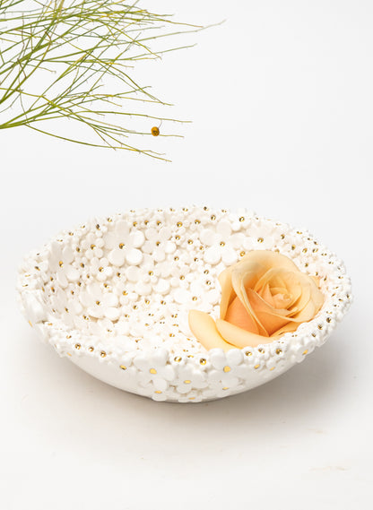 Medium Flower Bowl with White and Gold Flowers