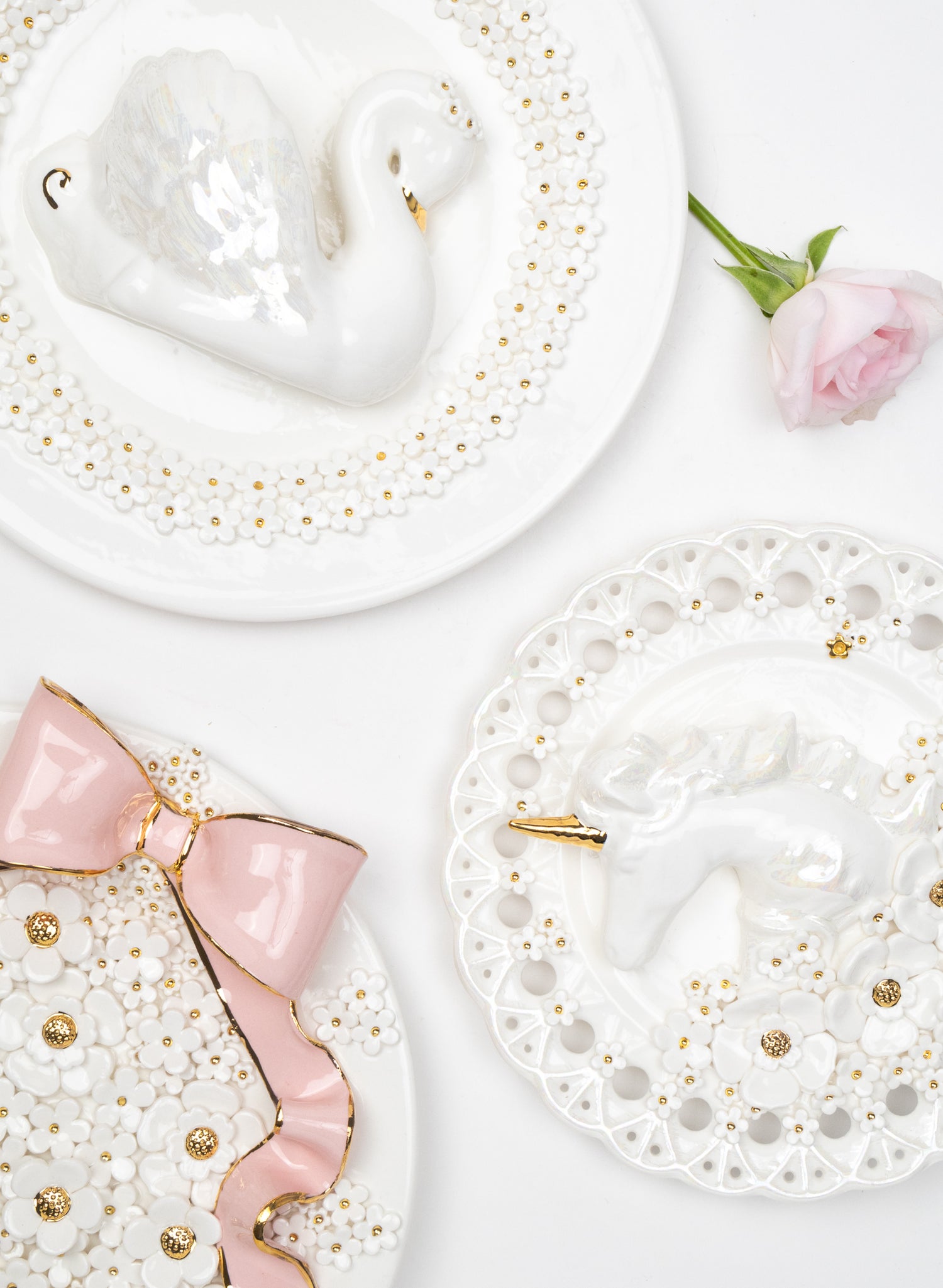 Large Round Wall Plate with Pink Bow and White and Gold Flowers
