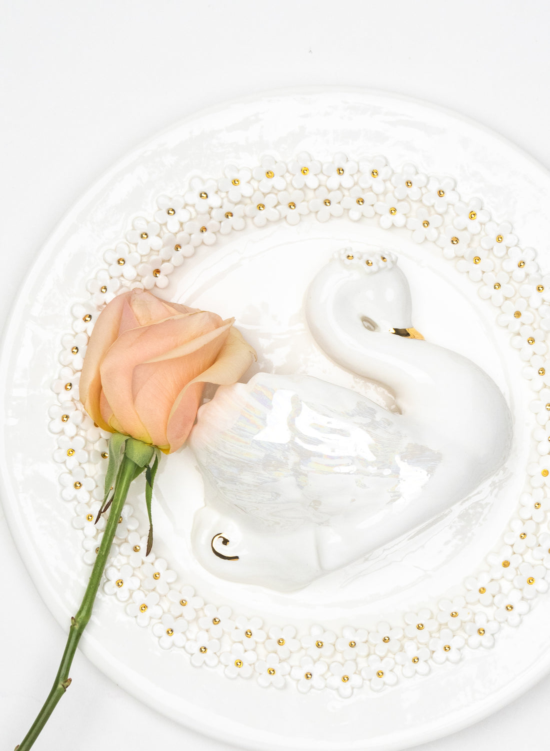 Large Round Swan Wall Plate with White and Gold Flowers
