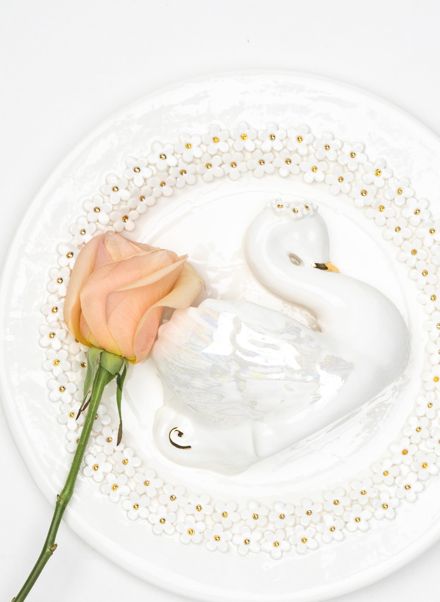 Large Round Swan Wall Plate with White and Gold Flowers