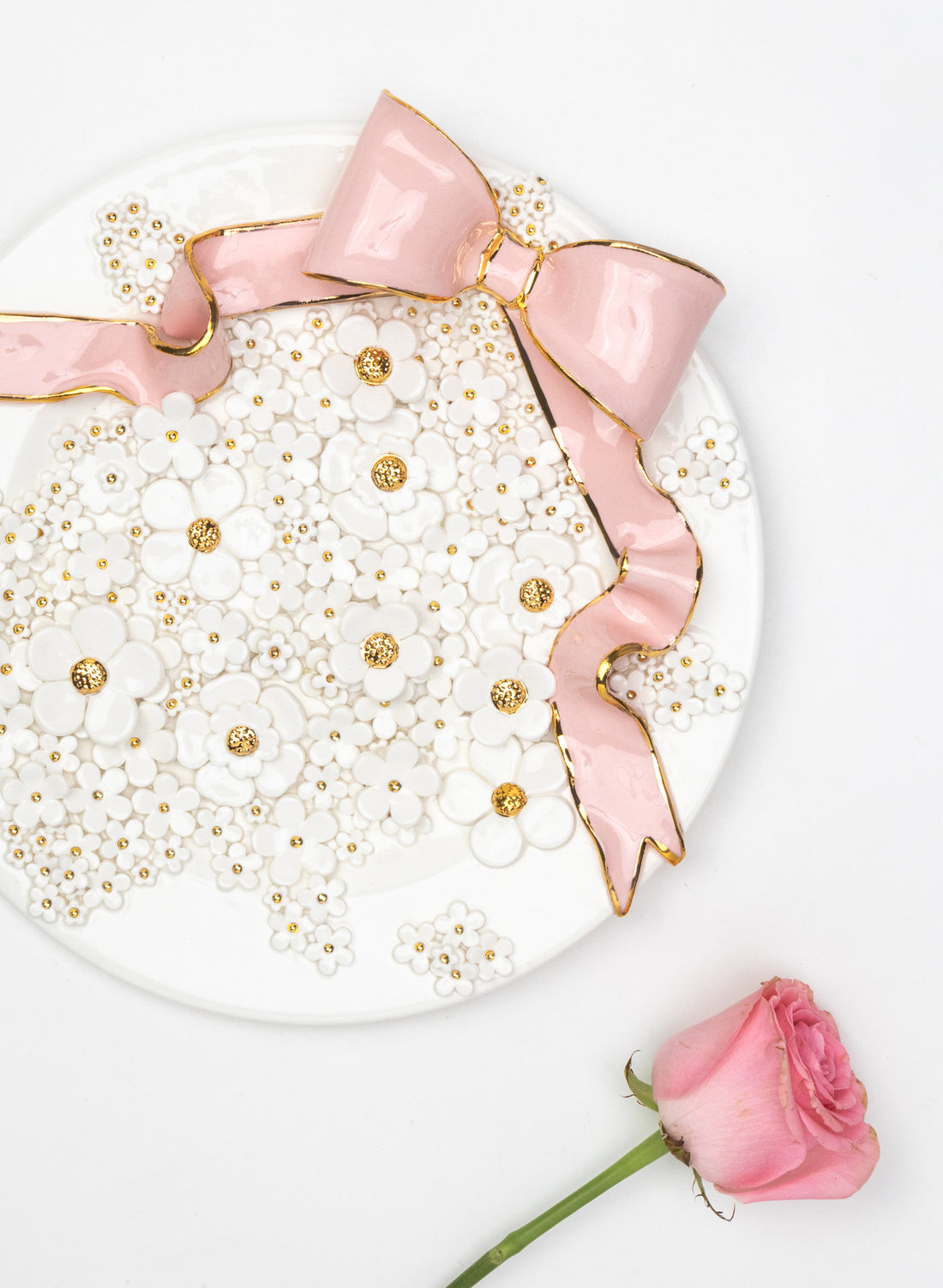 Large Round Wall Plate with Pink Bow and White and Gold Flowers