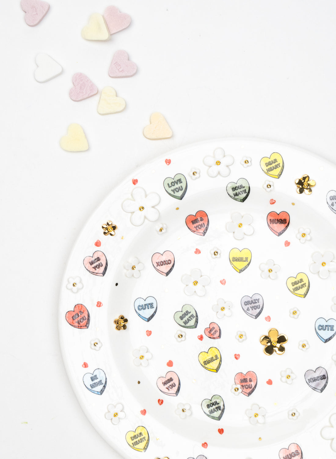 Large Round Sweetheart Wall Plate with Emojis, White and Gold Flowers