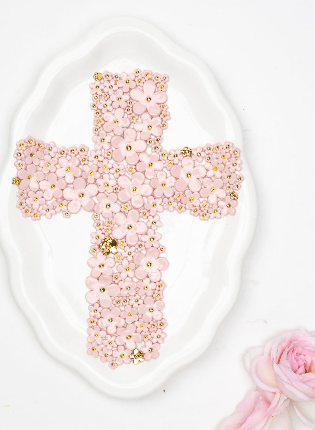Large Oval Wall Plate with Pink and Gold Flower Cross