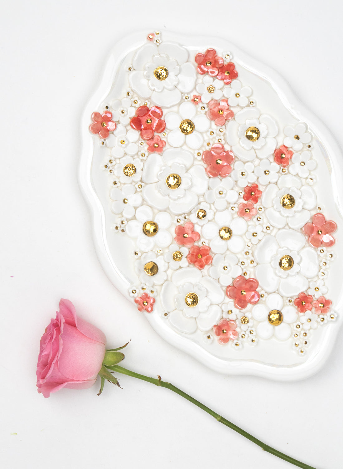 Large Oval Wall Plate with White, Pink and Gold Flowers