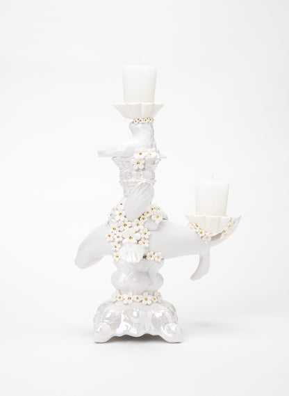 Seal Candlestick with White and Gold Flowers