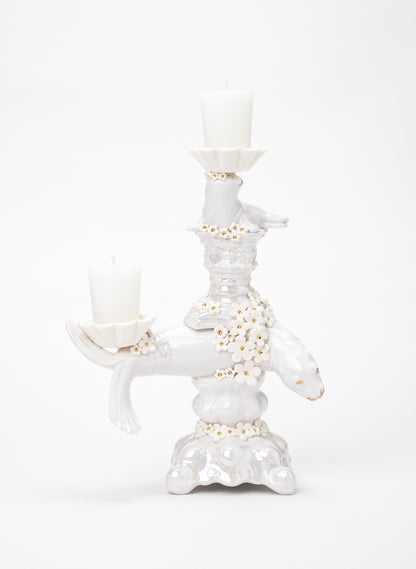 Seal Candlestick with White and Gold Flowers