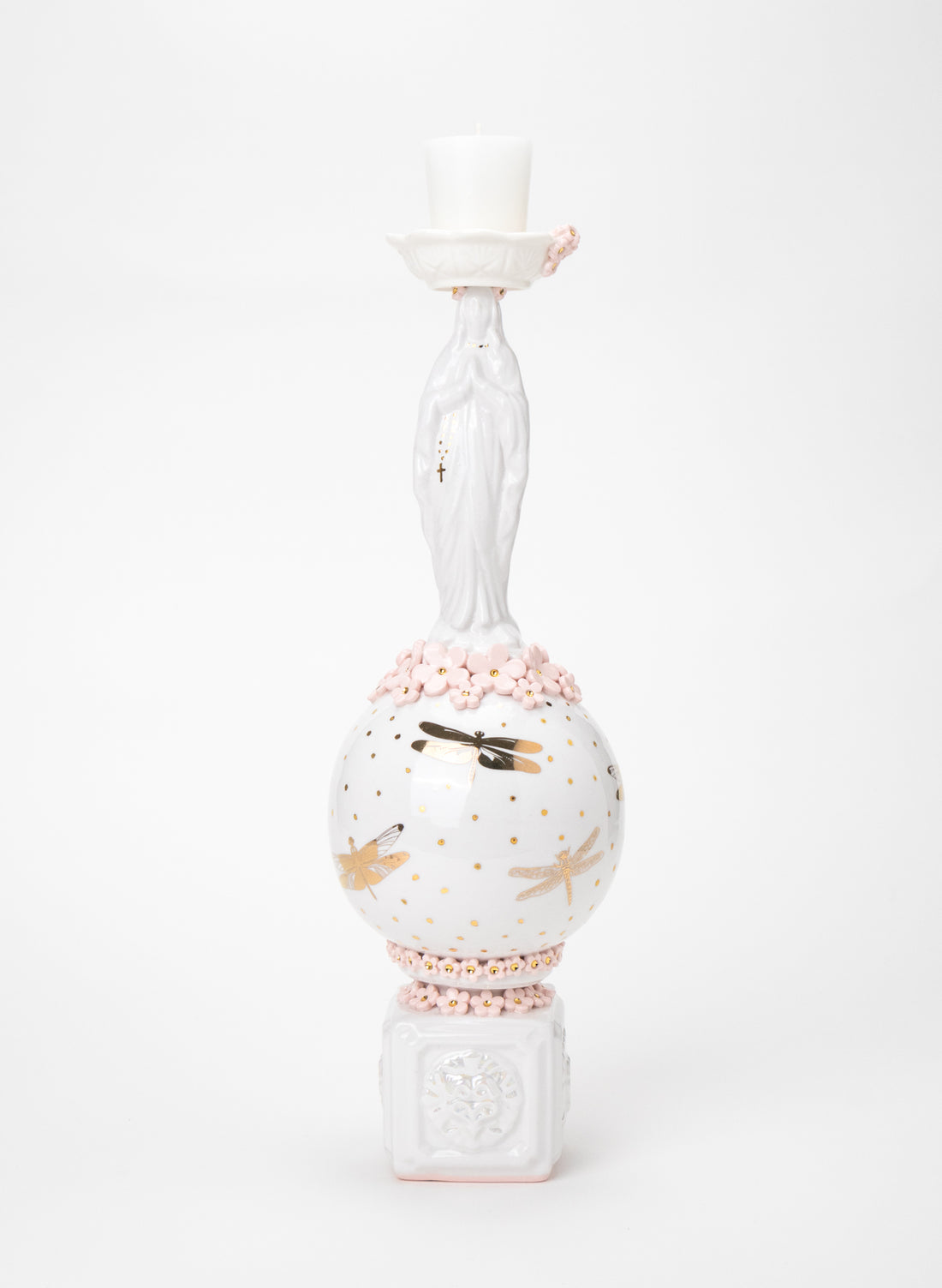 Madonna Candlestick with Pink and Gold Flowers