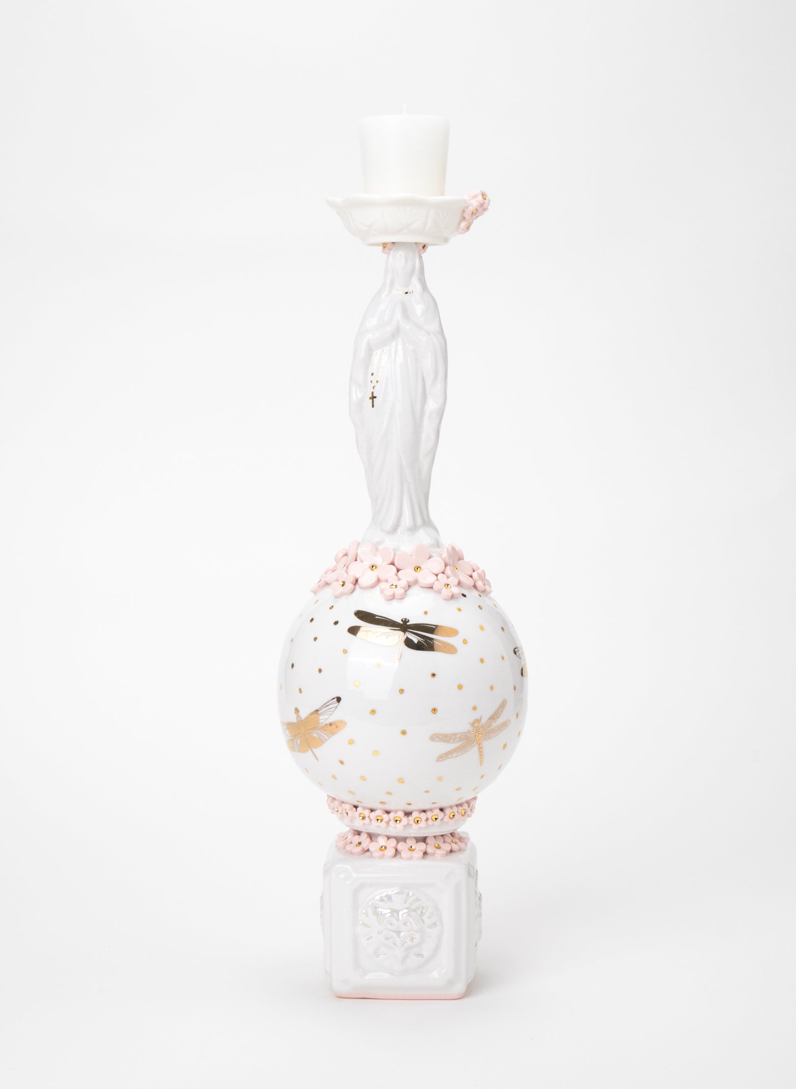 Madonna Candlestick with Pink and Gold Flowers