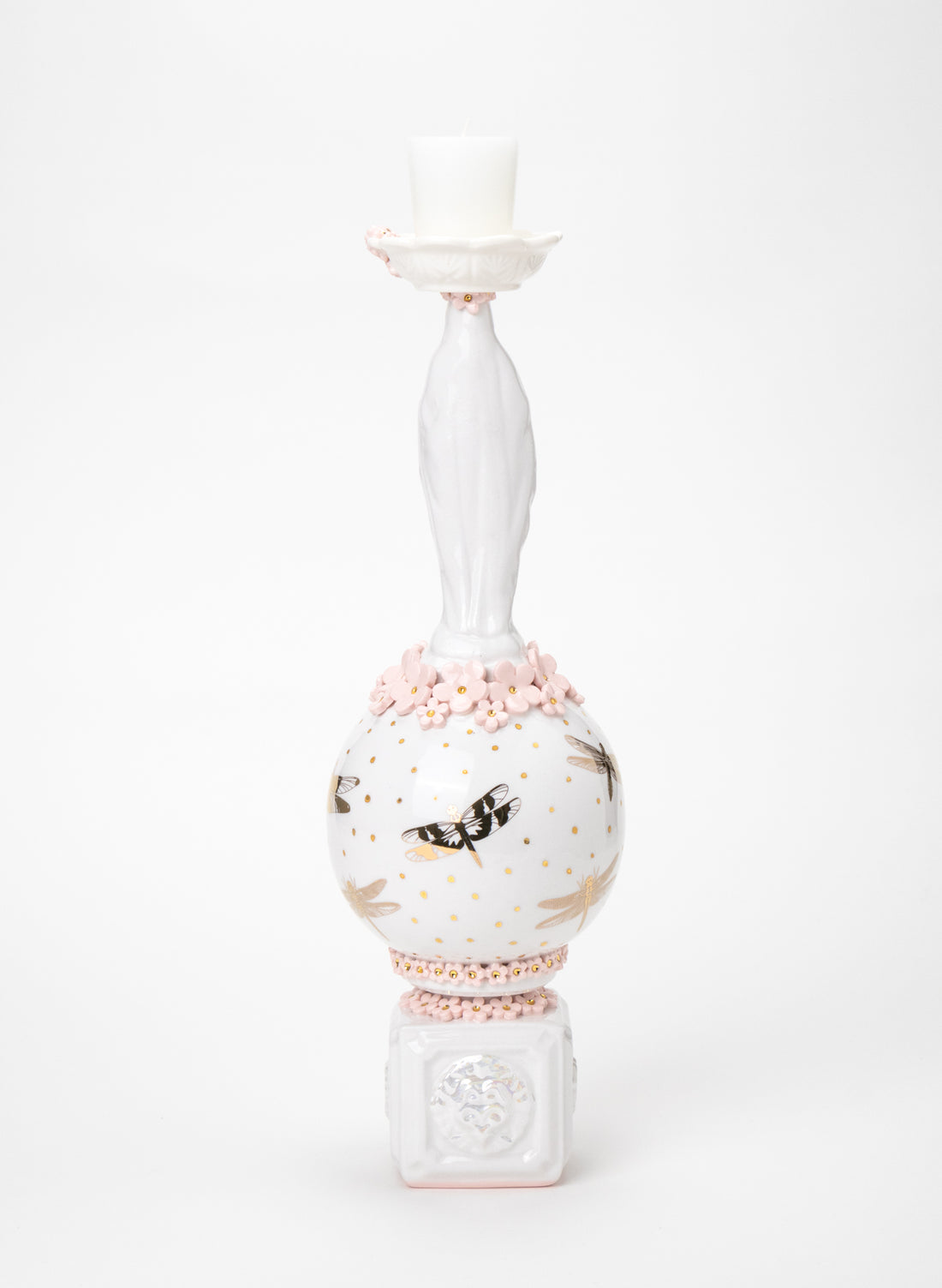 Madonna Candlestick with Pink and Gold Flowers
