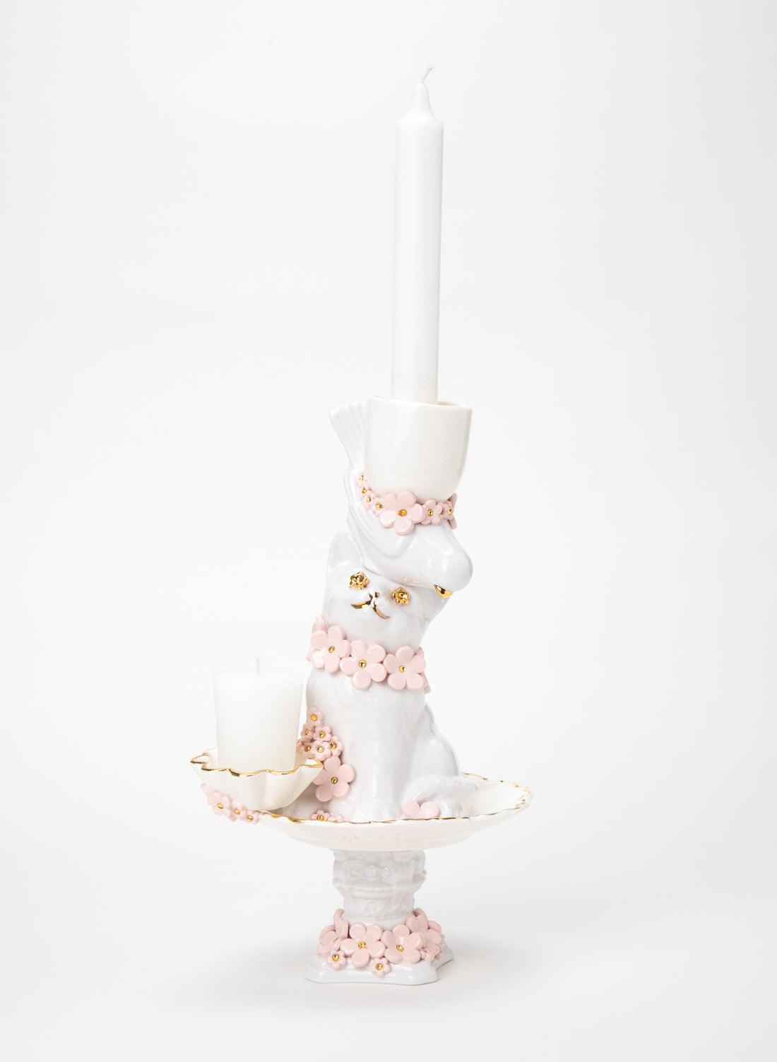 Cat and Budgie Candlestick with White and Gold Flowers