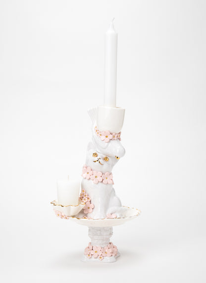 Cat and Budgie Candlestick with White and Gold Flowers