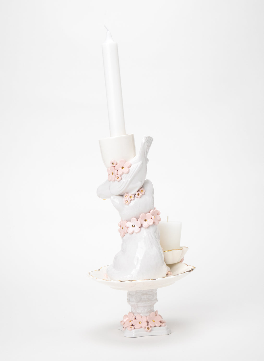 Cat and Budgie Candlestick with White and Gold Flowers