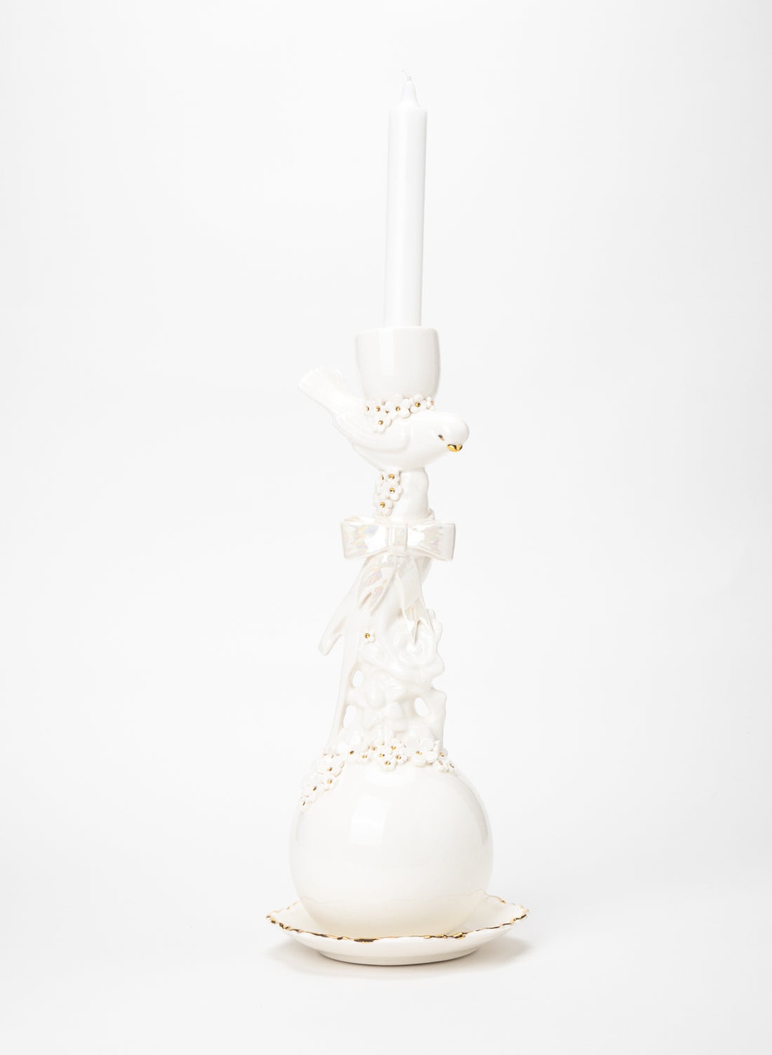 Budgies on a Ball Candlestick with White and Gold Flowers