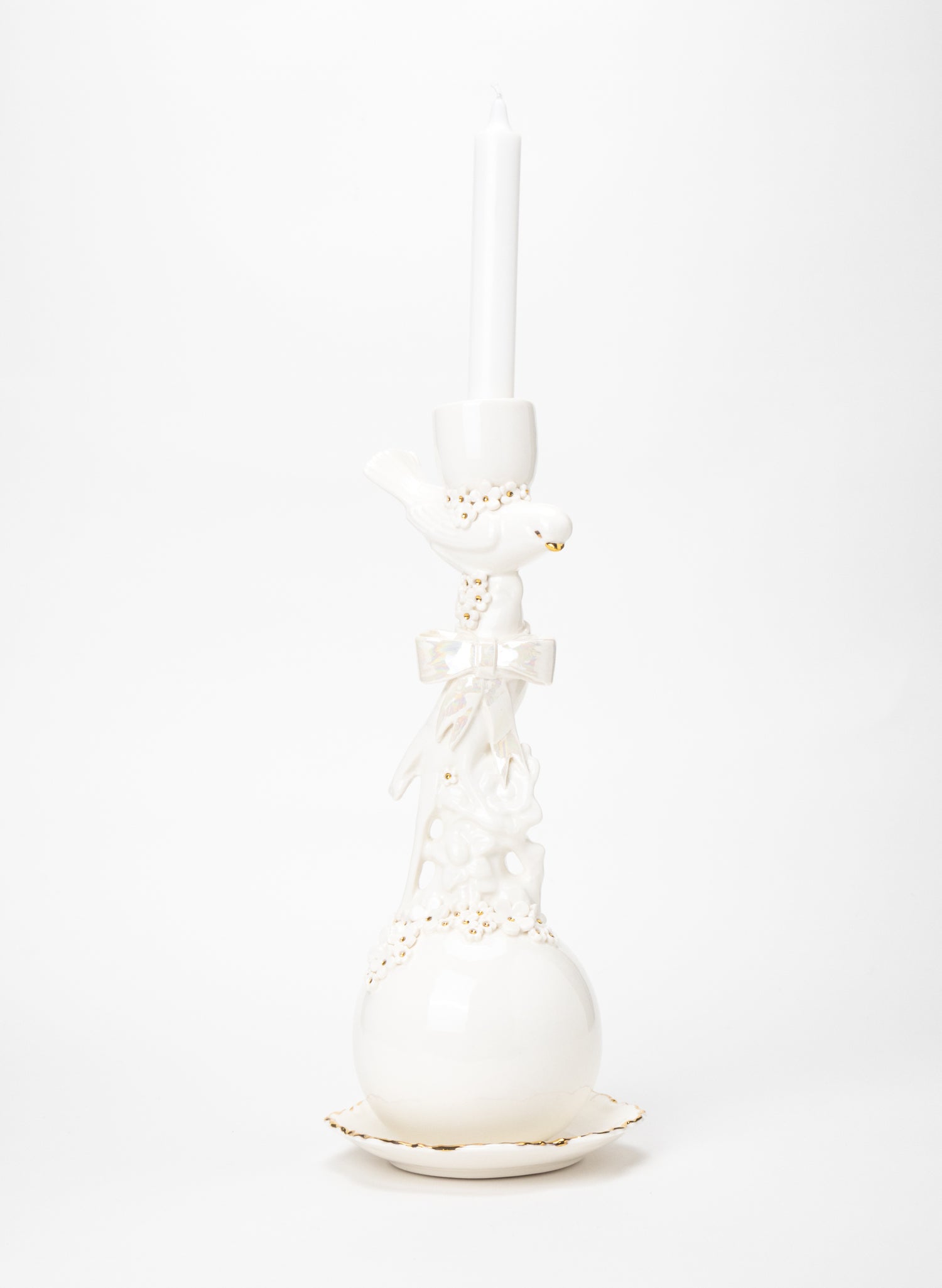 Budgies on a Ball Candlestick with White and Gold Flowers