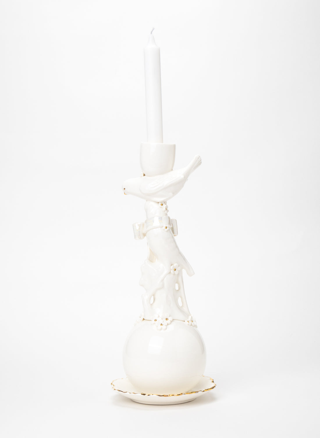 Budgies on a Ball Candlestick with White and Gold Flowers