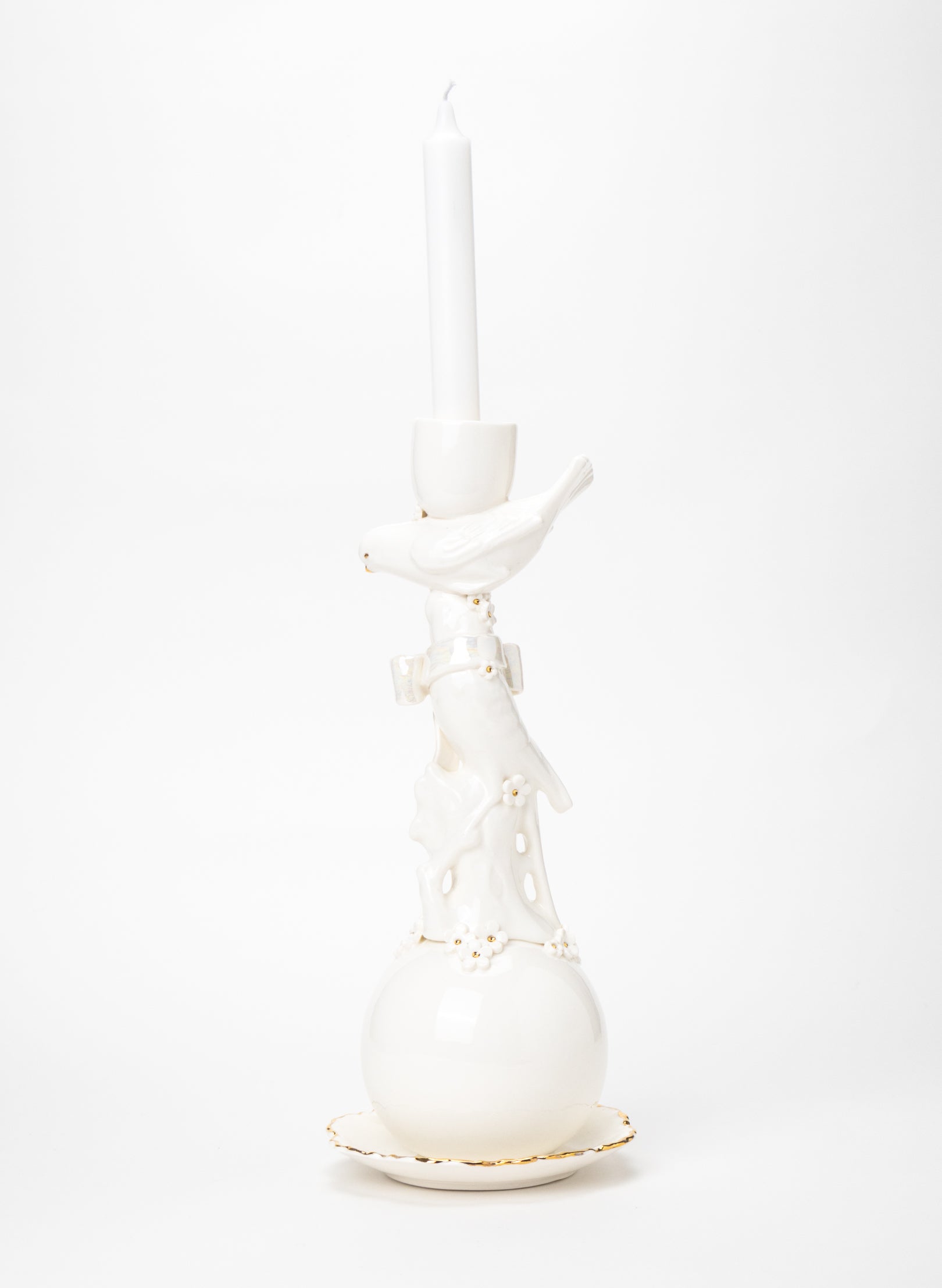 Budgies on a Ball Candlestick with White and Gold Flowers
