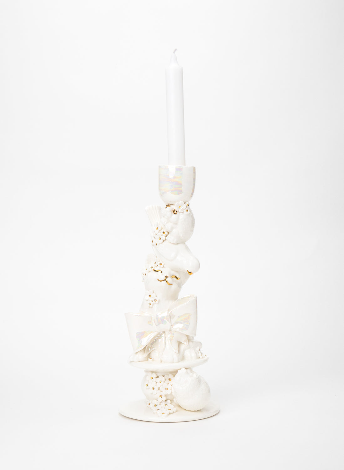 Cat, Budgie and a Porcupine Candlestick with White and Gold Flowers
