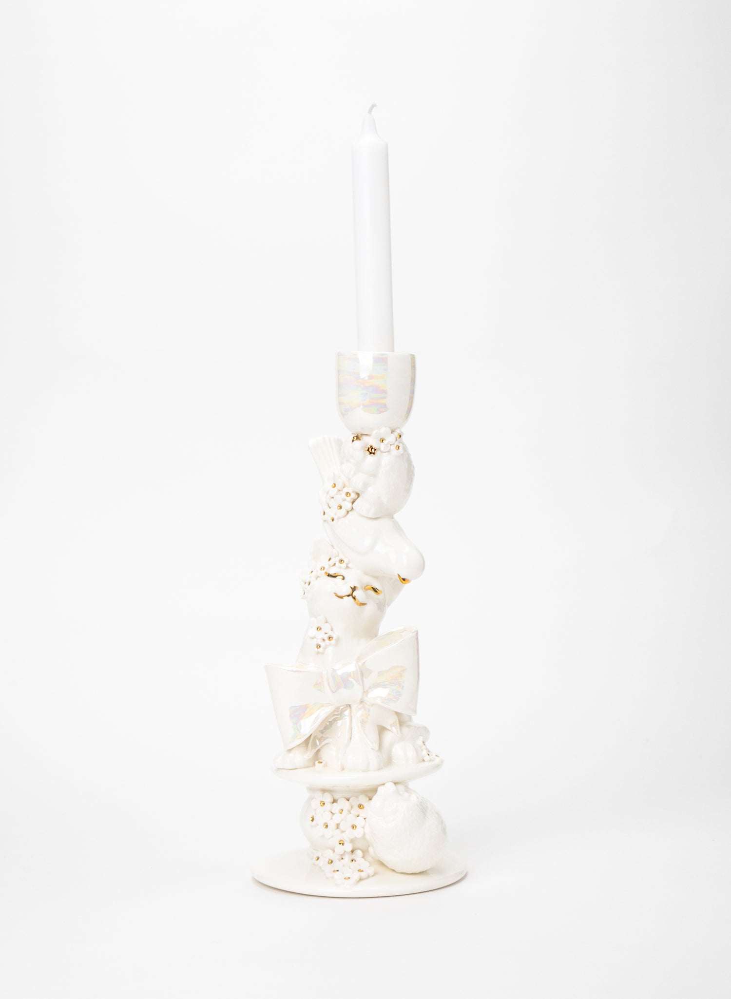 Cat, Budgie and a Porcupine Candlestick with White and Gold Flowers
