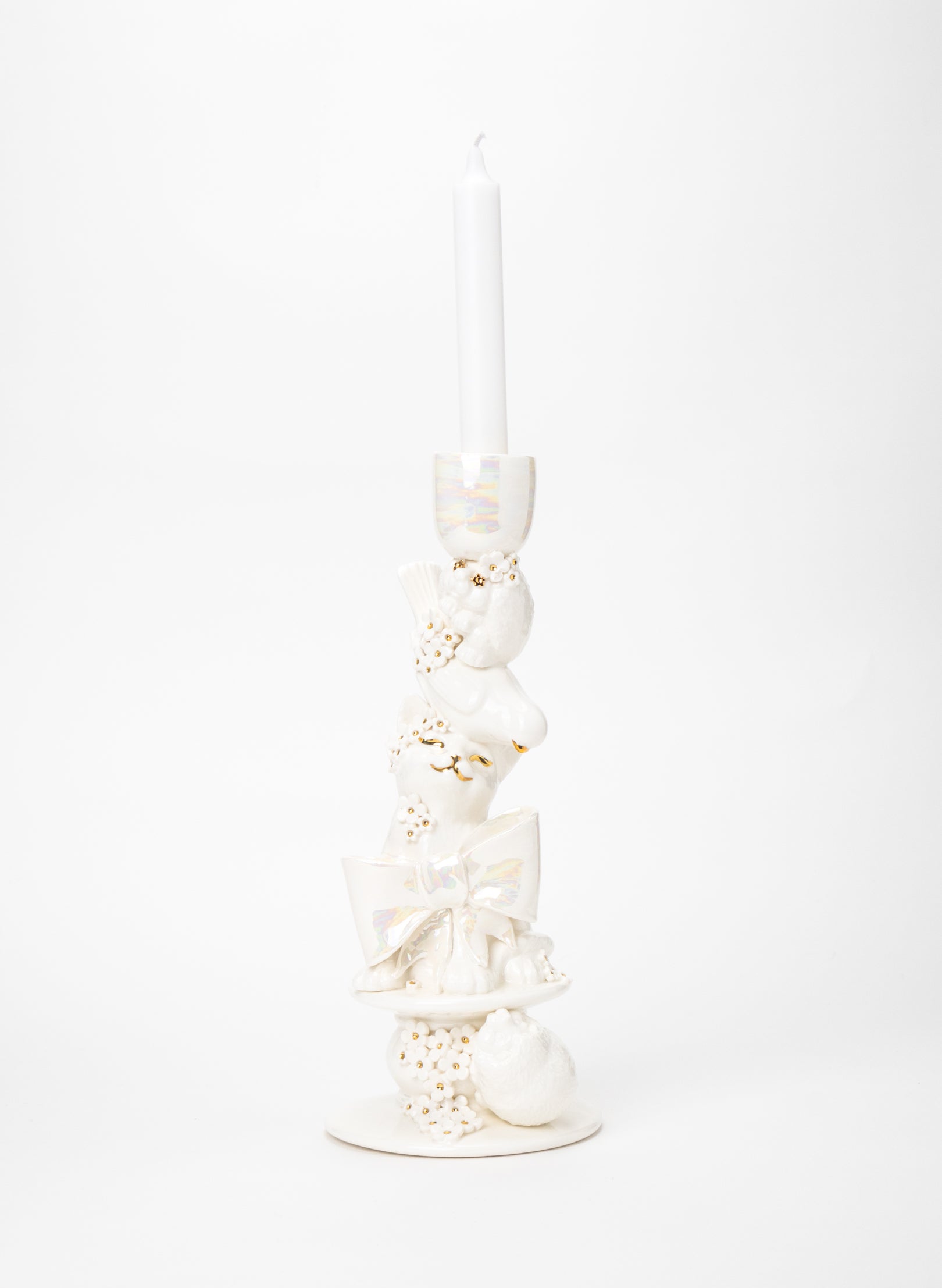 Cat, Budgie and a Porcupine Candlestick with White and Gold Flowers
