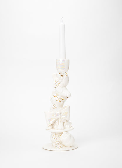 Cat, Budgie and a Porcupine Candlestick with White and Gold Flowers