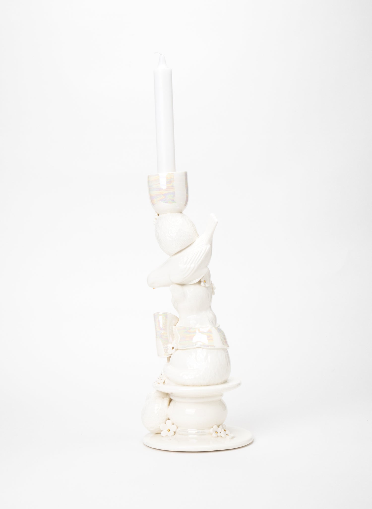 Cat, Budgie and a Porcupine Candlestick with White and Gold Flowers