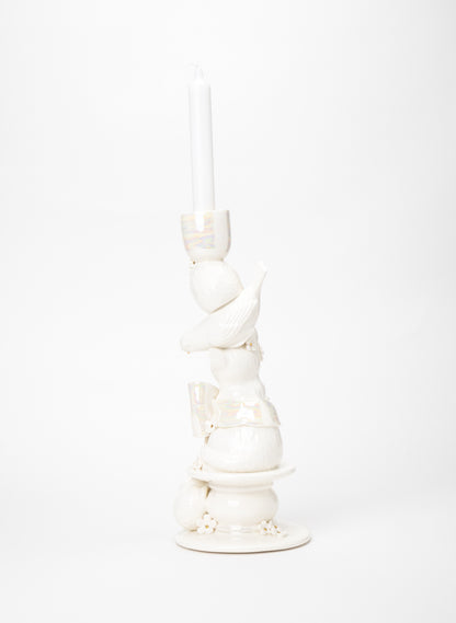 Cat, Budgie and a Porcupine Candlestick with White and Gold Flowers