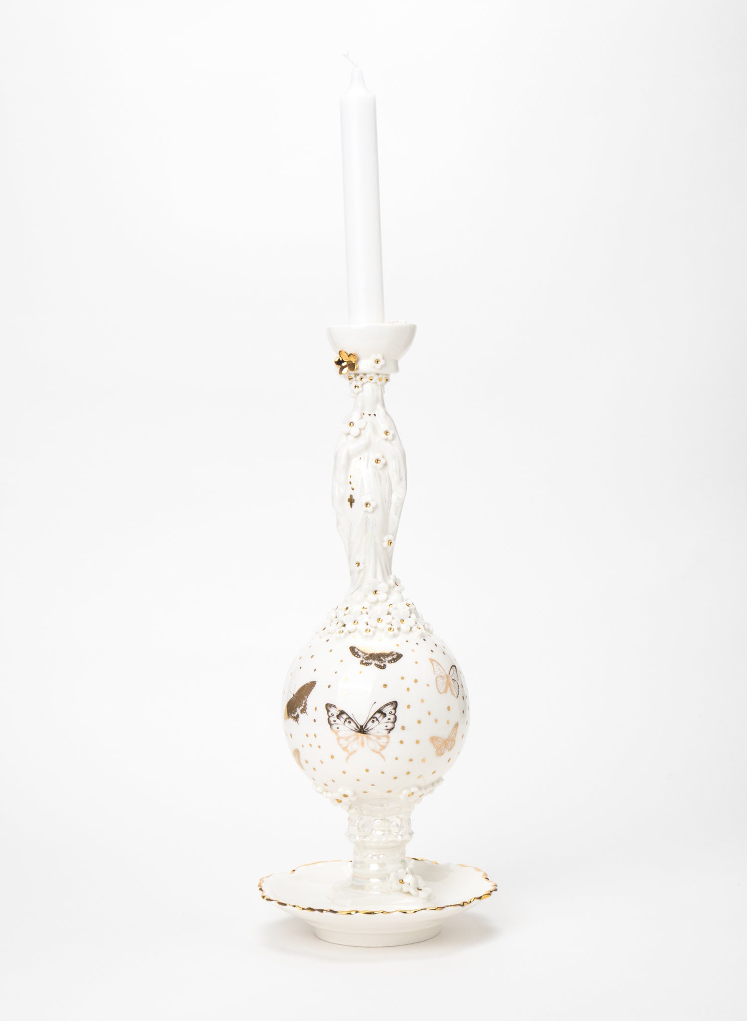 Madonna Candlestick with White and Gold Flowers