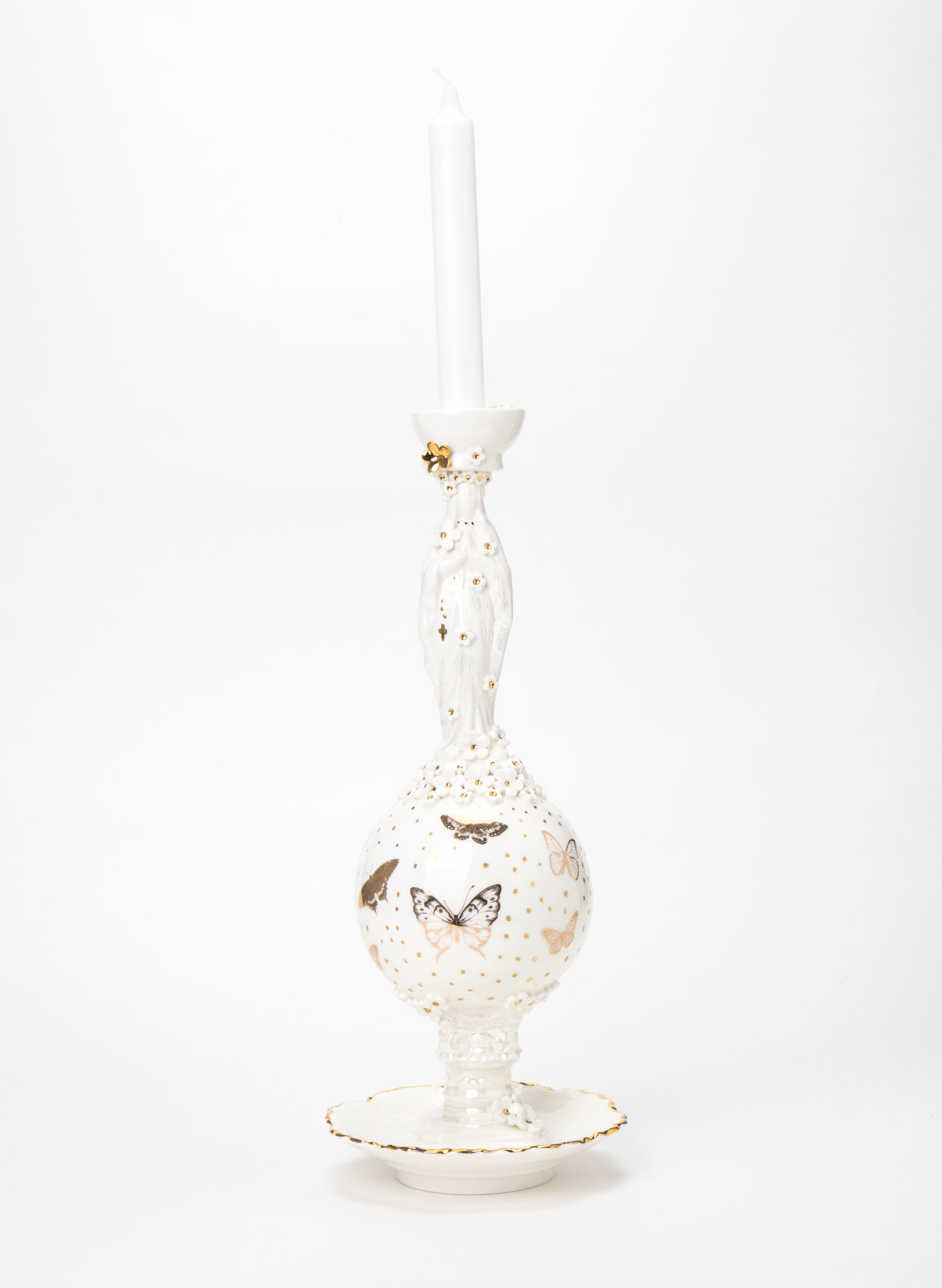 Madonna Candlestick with White and Gold Flowers