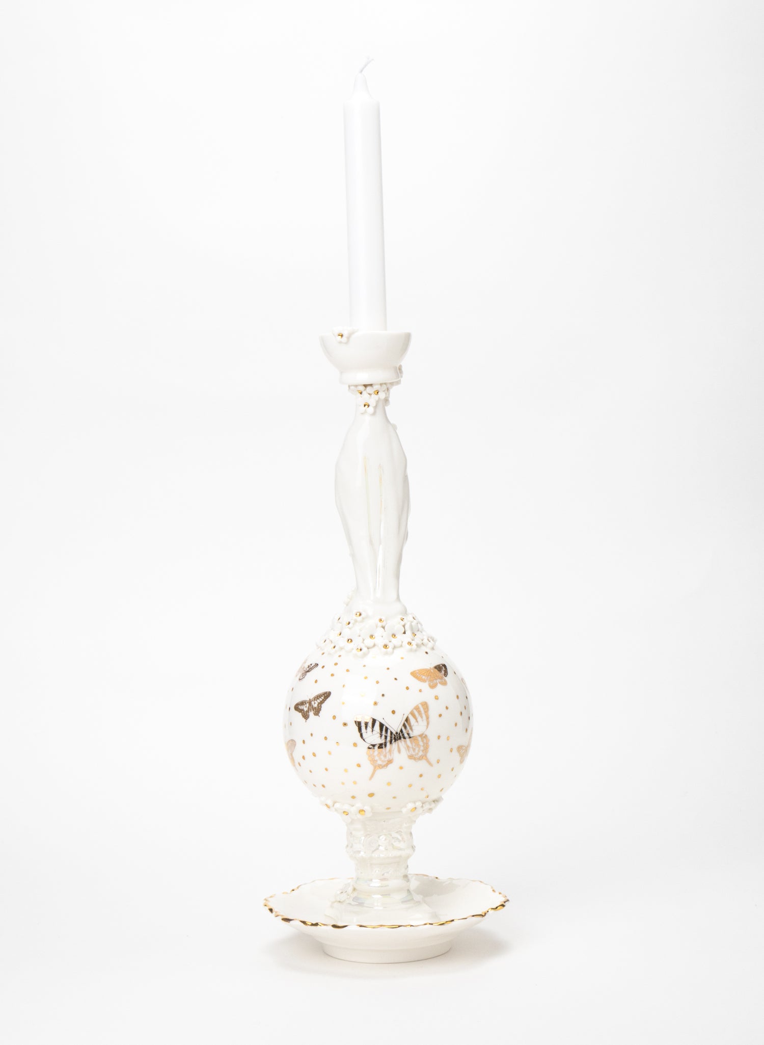 Madonna Candlestick with White and Gold Flowers
