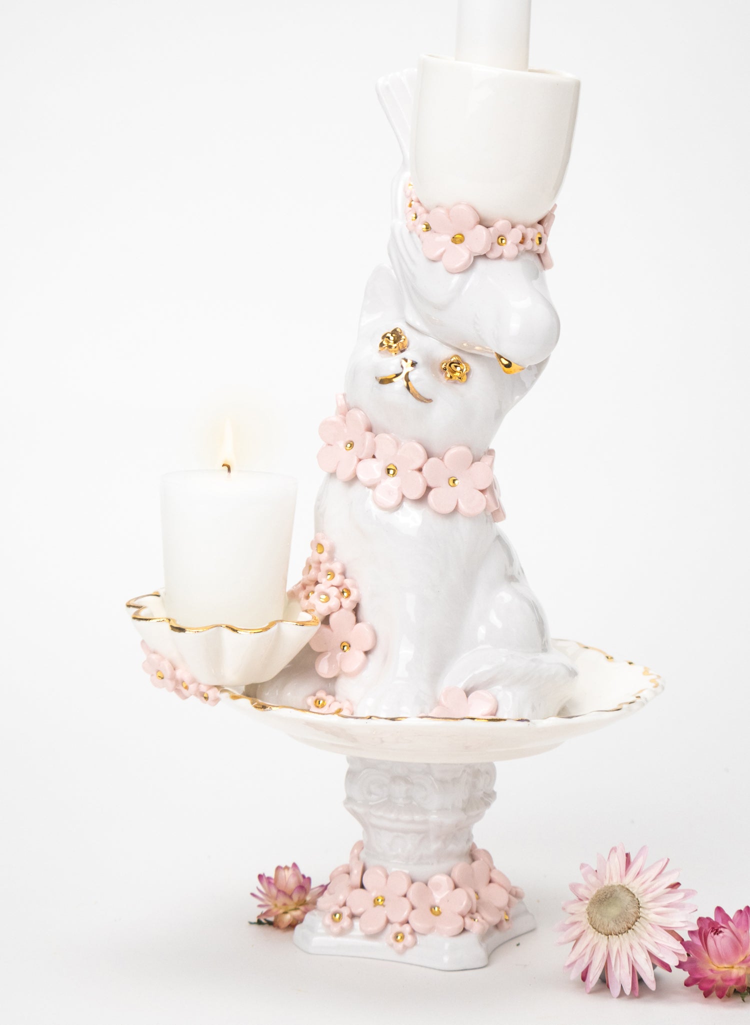Cat and Budgie Candlestick with White and Gold Flowers