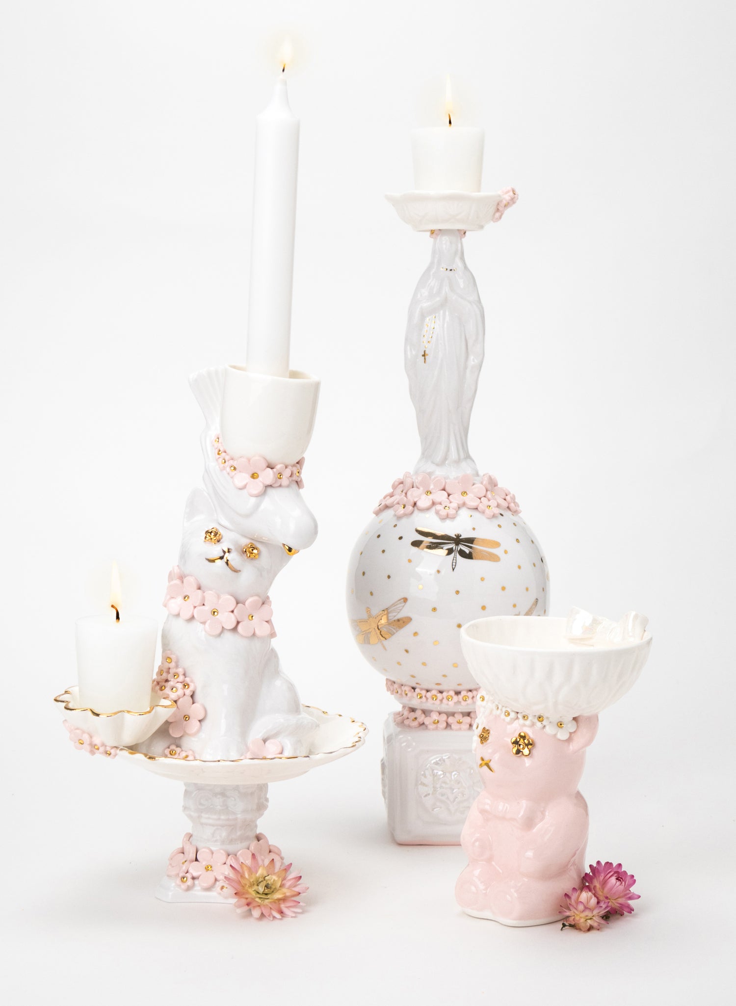 Cat and Budgie Candlestick with White and Gold Flowers