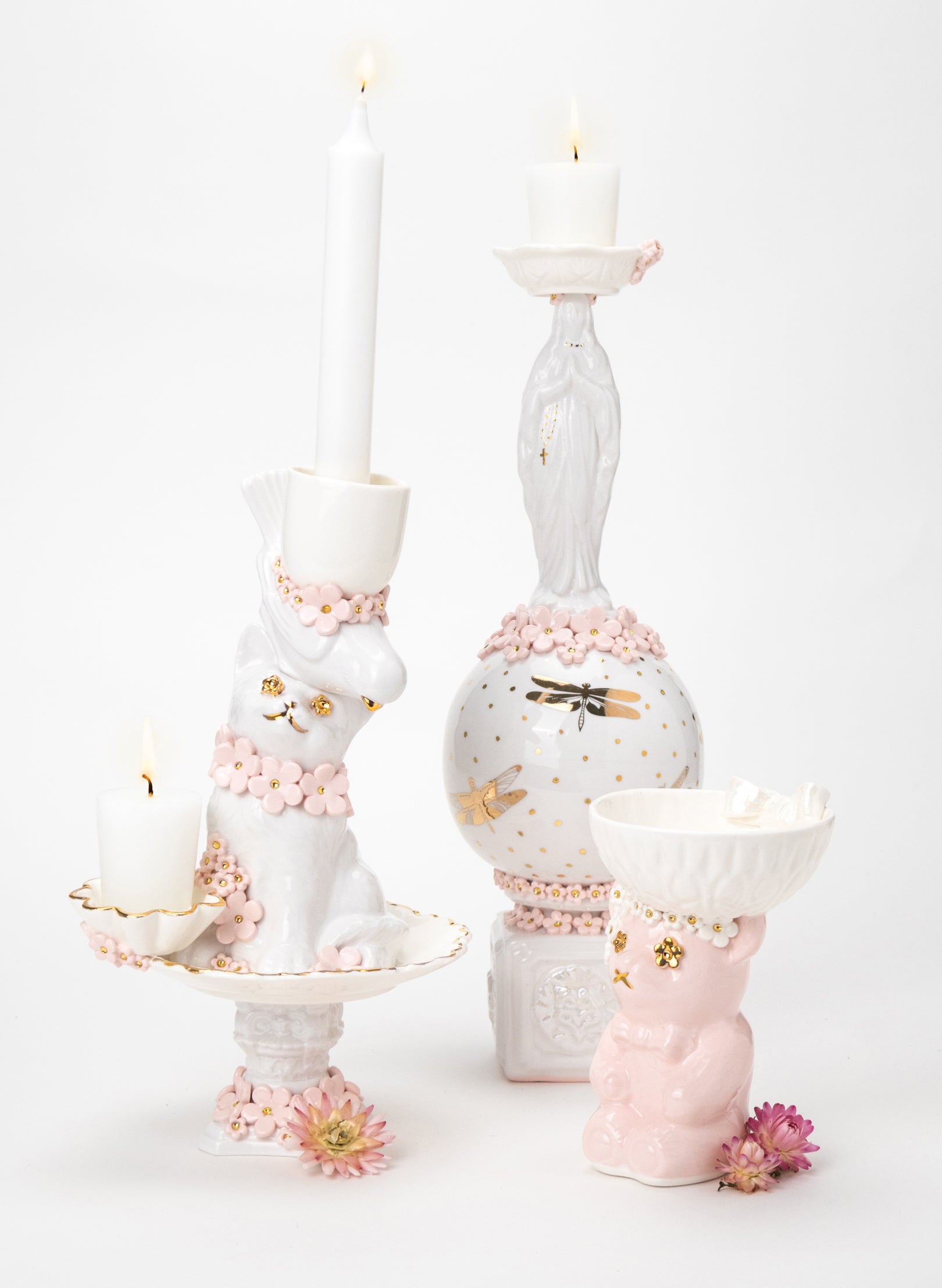 Cat and Budgie Candlestick with White and Gold Flowers