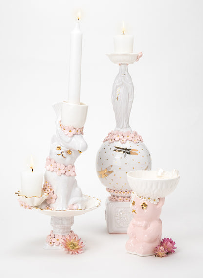 Cat and Budgie Candlestick with White and Gold Flowers