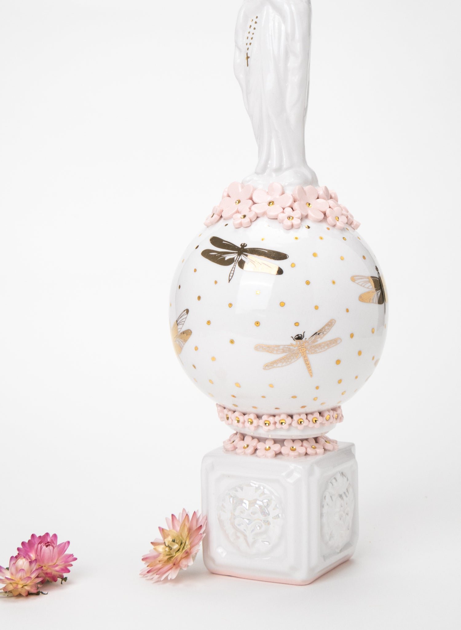 Madonna Candlestick with Pink and Gold Flowers