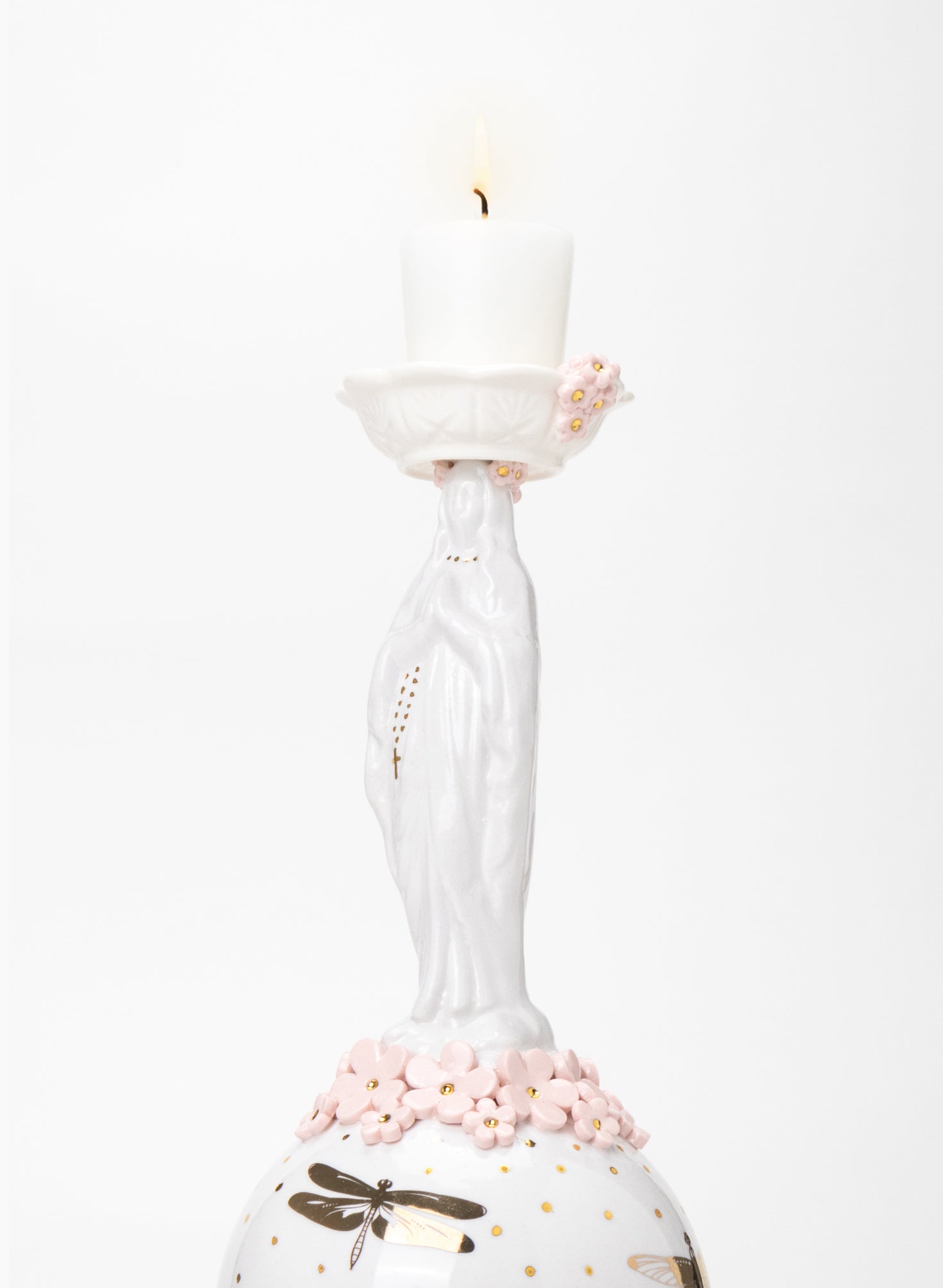 Madonna Candlestick with Pink and Gold Flowers