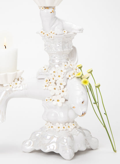 Seal Candlestick with White and Gold Flowers