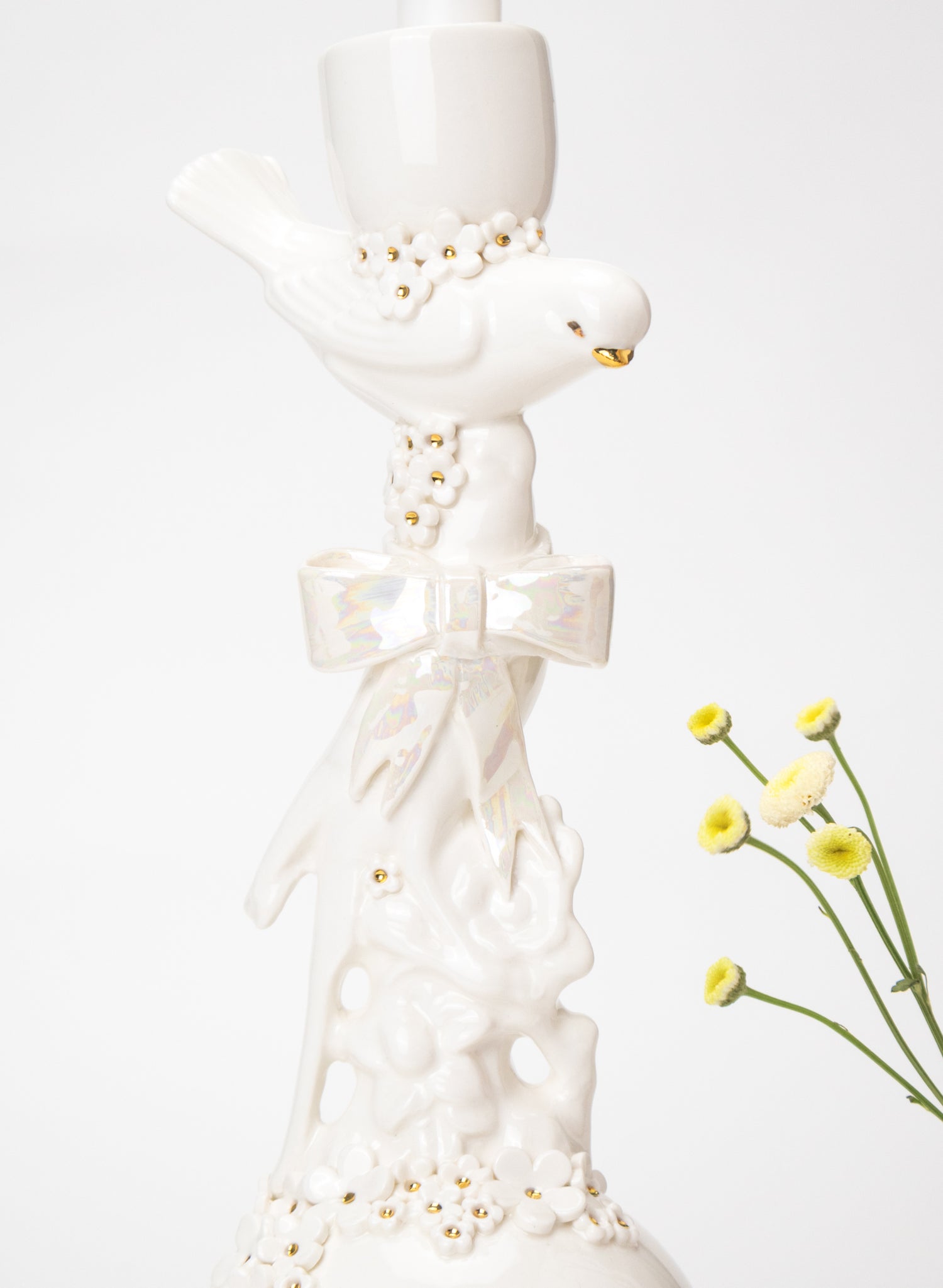 Budgies on a Ball Candlestick with White and Gold Flowers