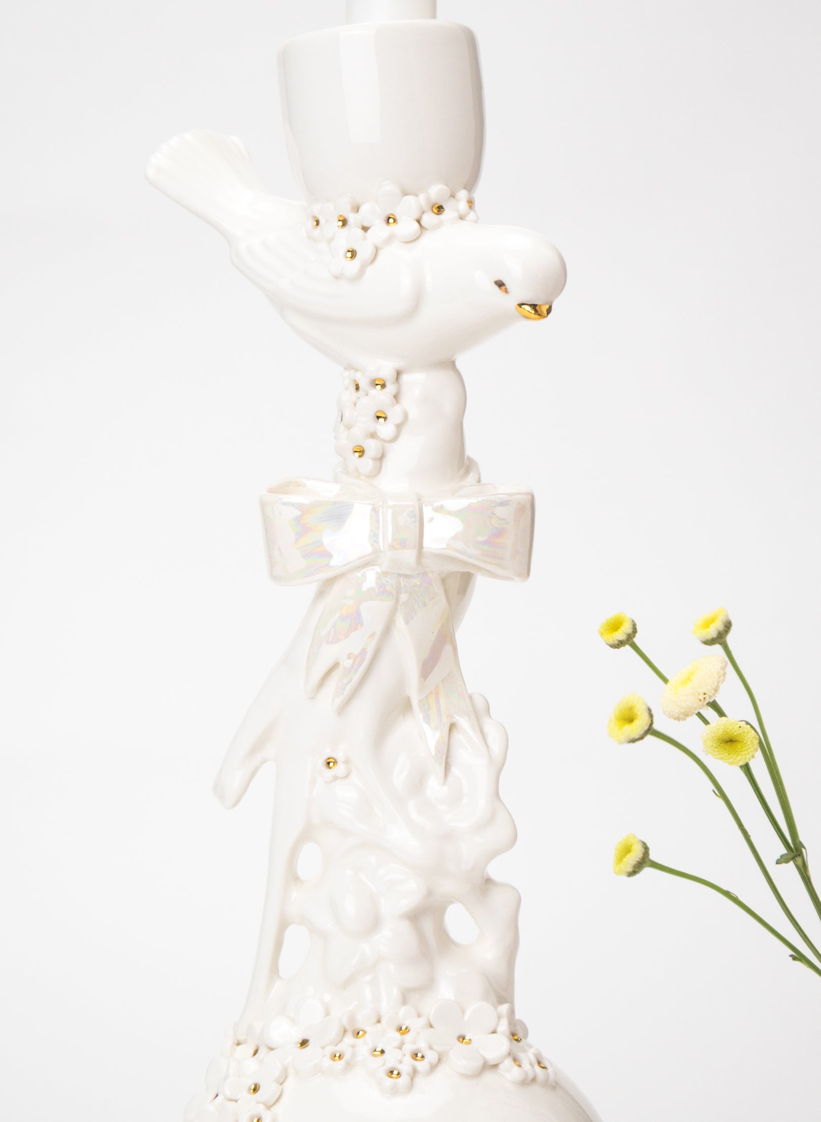 Budgies on a Ball Candlestick with White and Gold Flowers