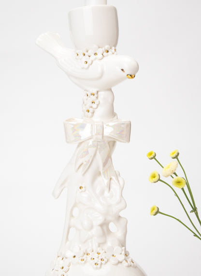 Budgies on a Ball Candlestick with White and Gold Flowers