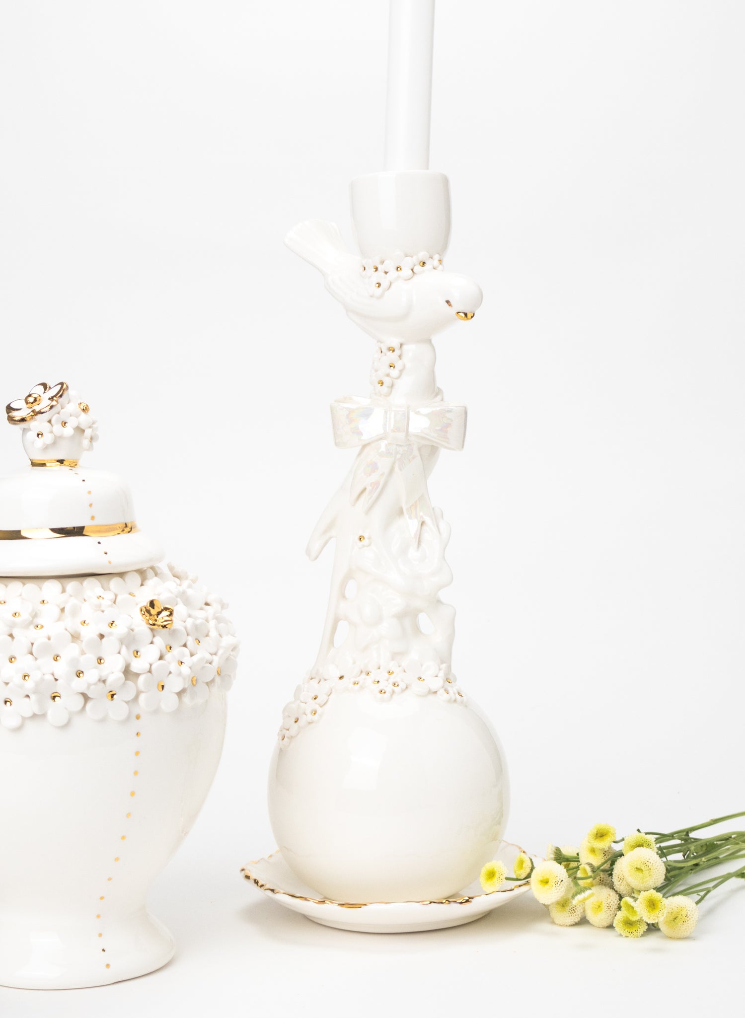 Budgies on a Ball Candlestick with White and Gold Flowers