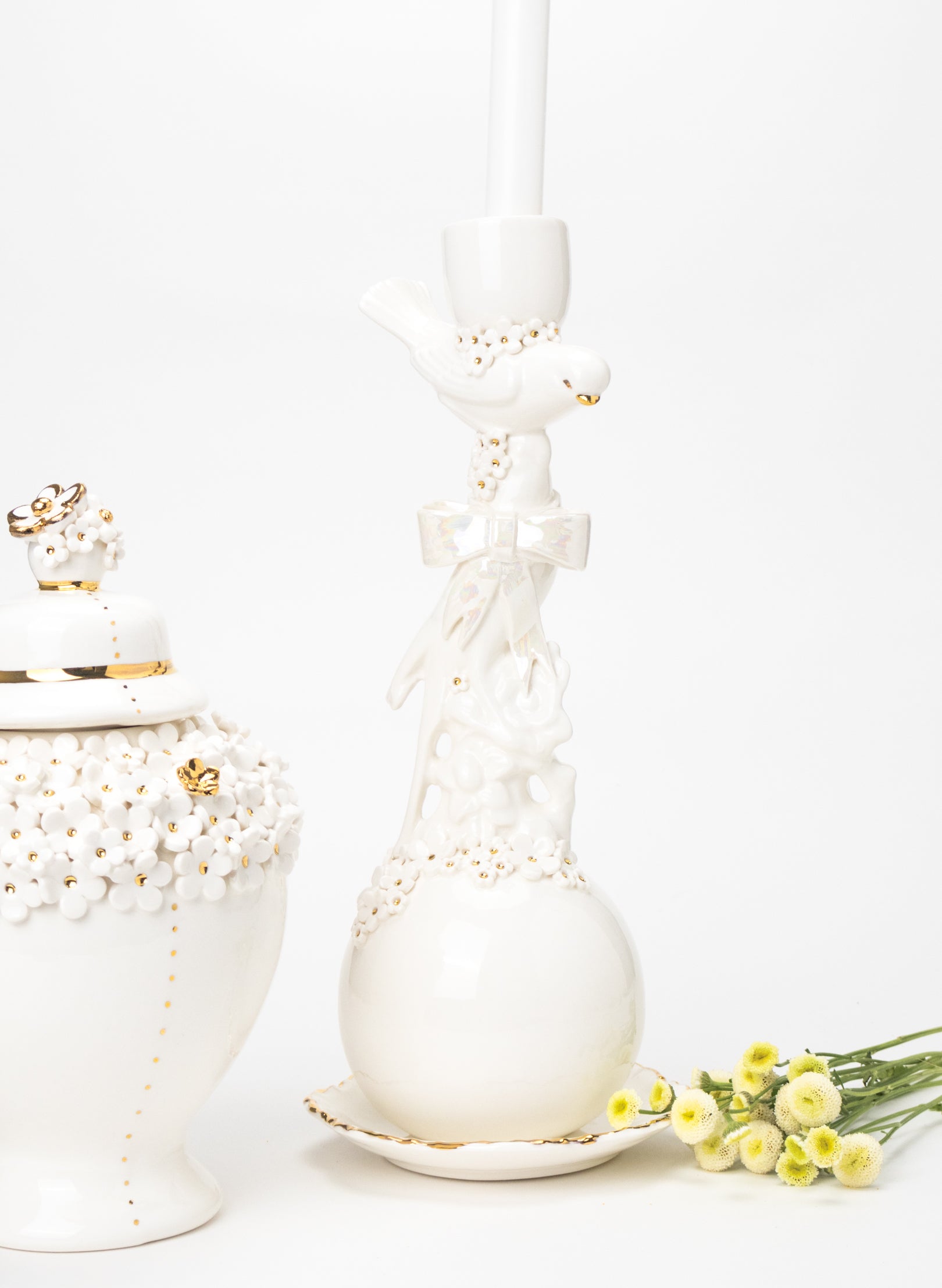 Budgies on a Ball Candlestick with White and Gold Flowers