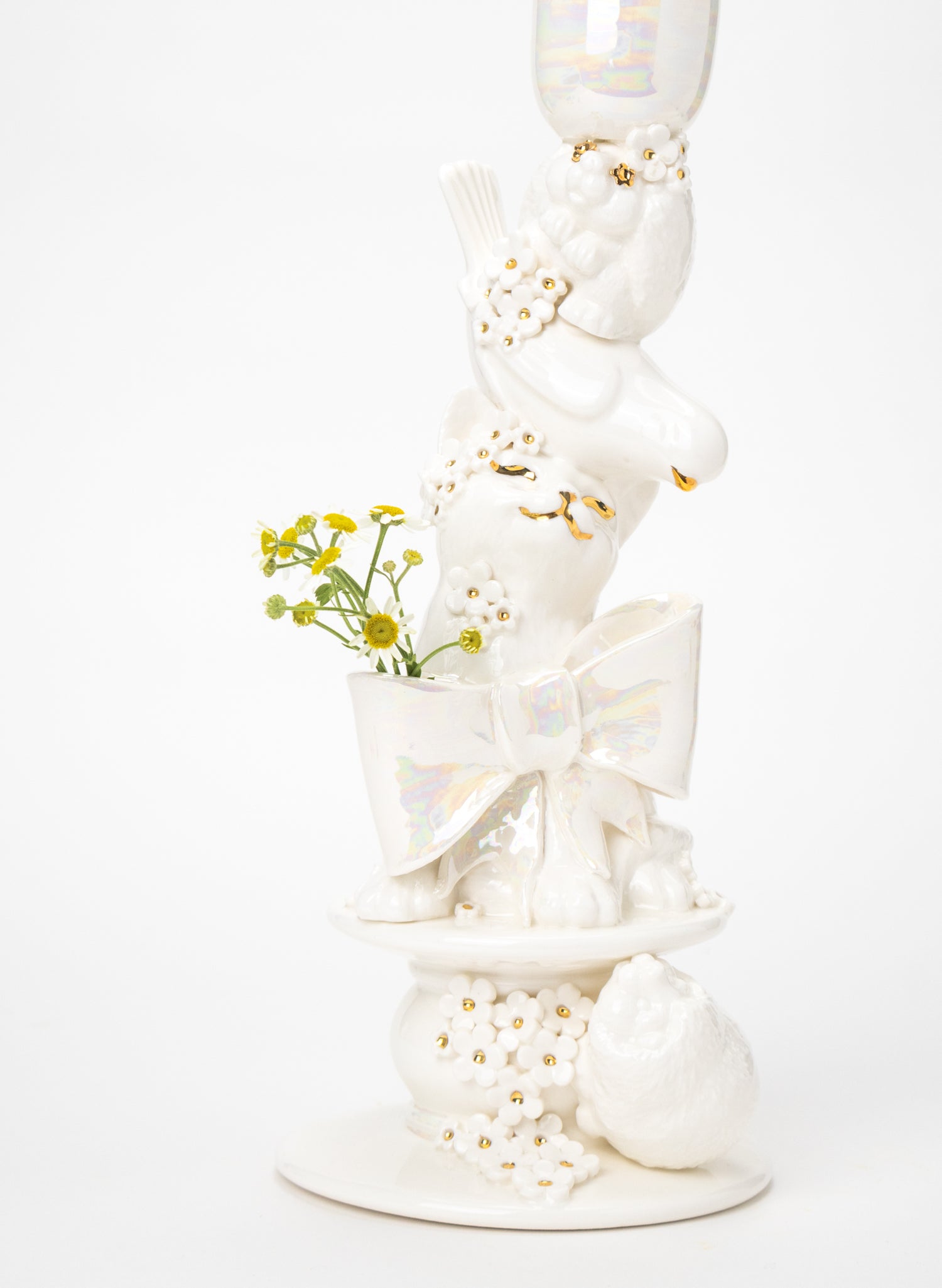 Cat, Budgie and a Porcupine Candlestick with White and Gold Flowers