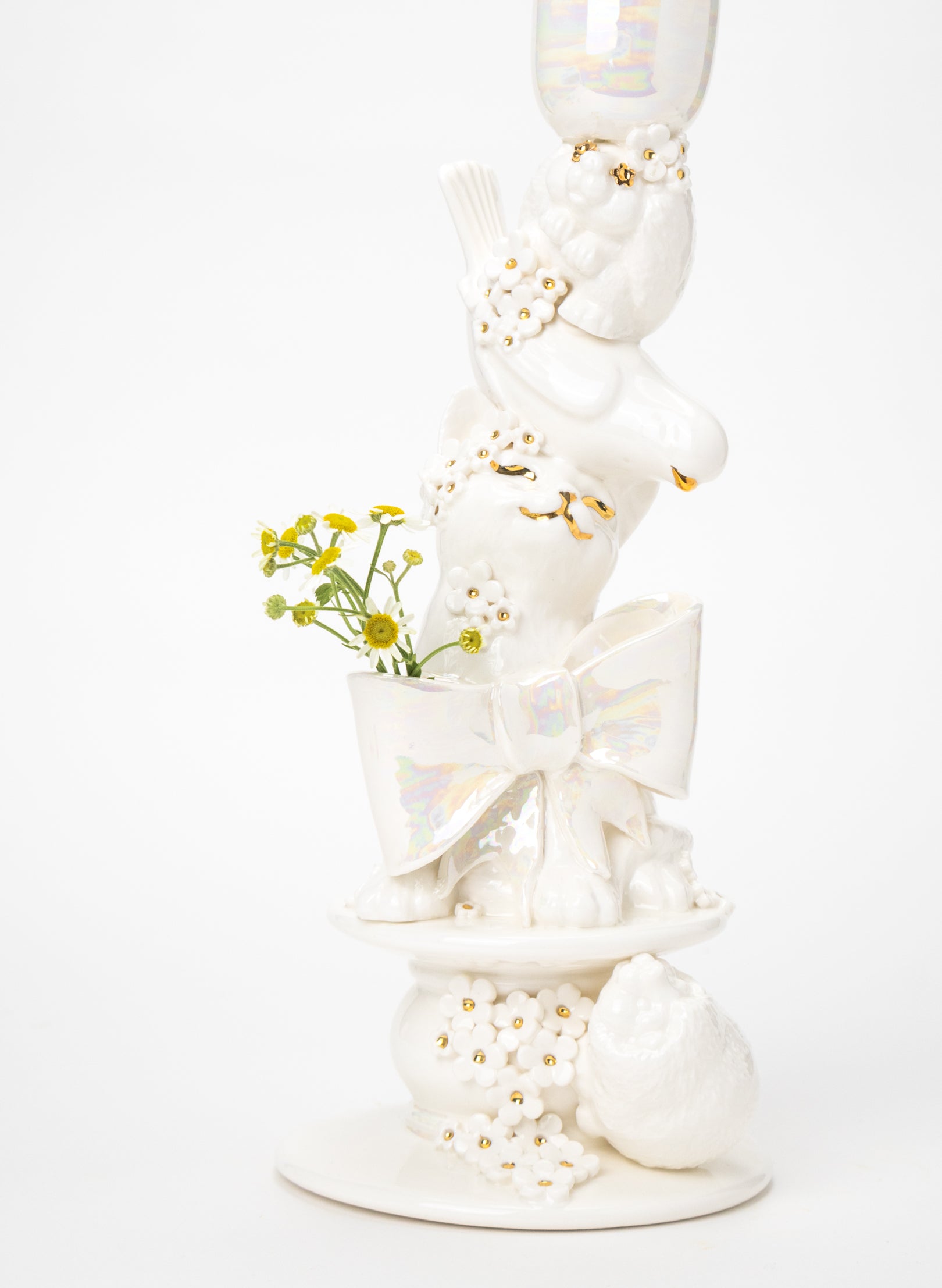 Cat, Budgie and a Porcupine Candlestick with White and Gold Flowers