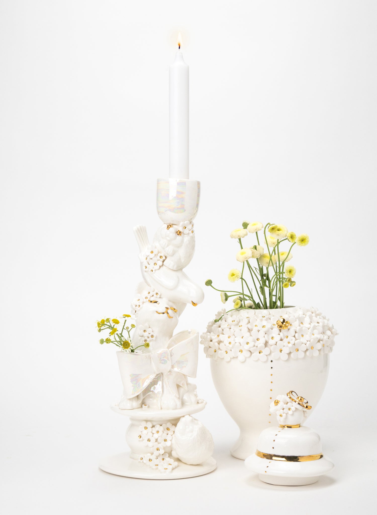 Cat, Budgie and a Porcupine Candlestick with White and Gold Flowers