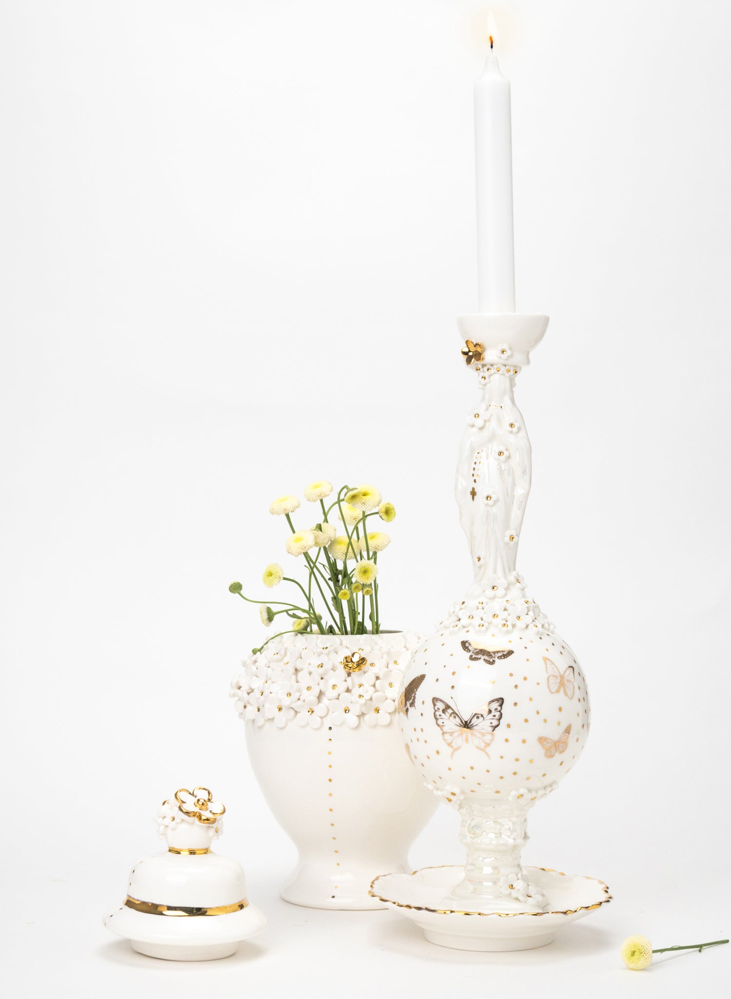 Madonna Candlestick with White and Gold Flowers