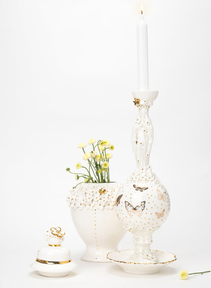 Madonna Candlestick with White and Gold Flowers