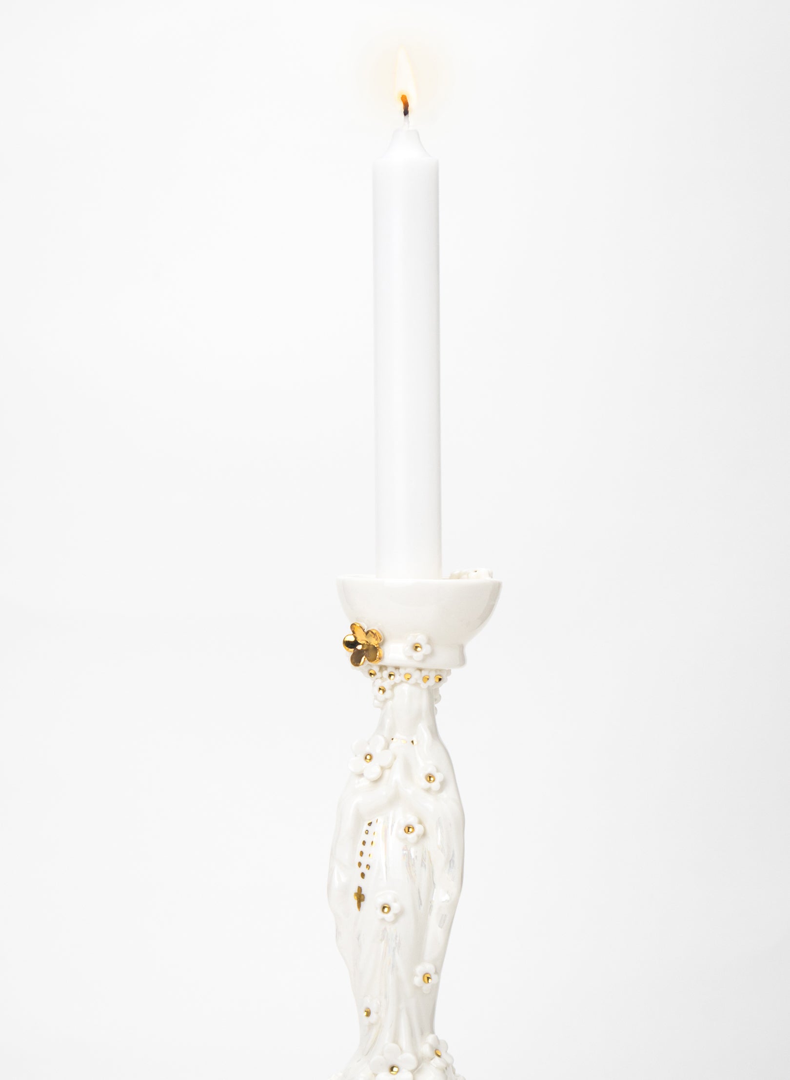 Madonna Candlestick with White and Gold Flowers